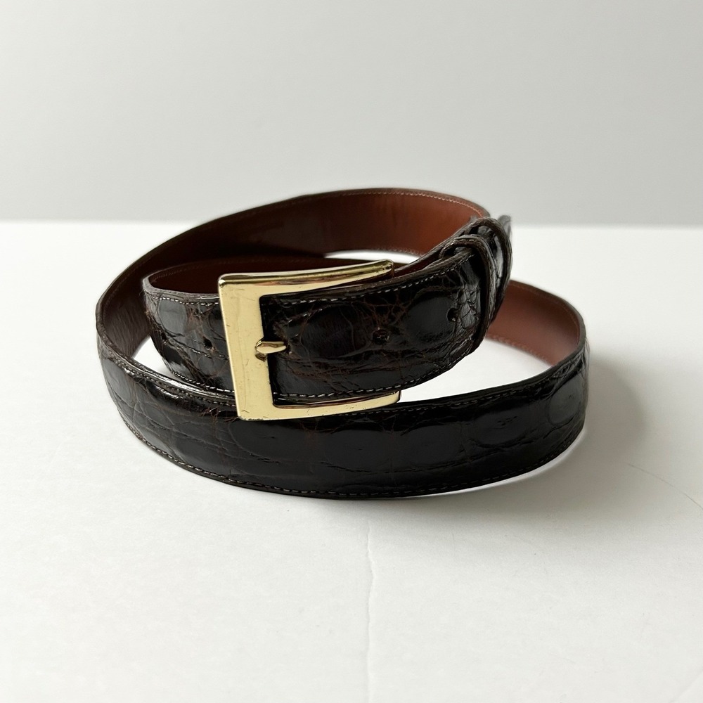 Zelli Mens Genuine Crocodile Leather Belt Dark Brown Solid Brass Buckle Italy 36